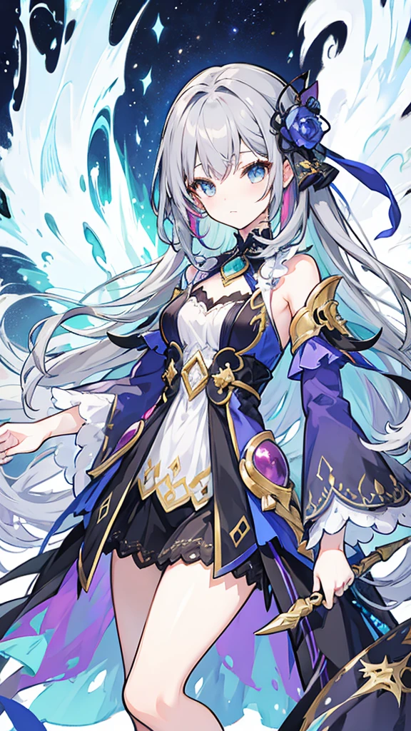 fantasy world girl with colorful hair, accessories, detailed clothes, dark gray hair