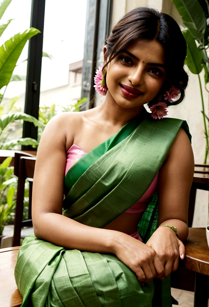 woman in green sari sitting at table with pink flowers, draped in fleshy green and pink, candid picture, portrait of priyanka chopra, #green, with flowers, with a beautifull smile, with lovely look, wearing green, gorgeous lady, green shades, adorned with all kind of plants, beautiful and smiling, sitting in a cafe