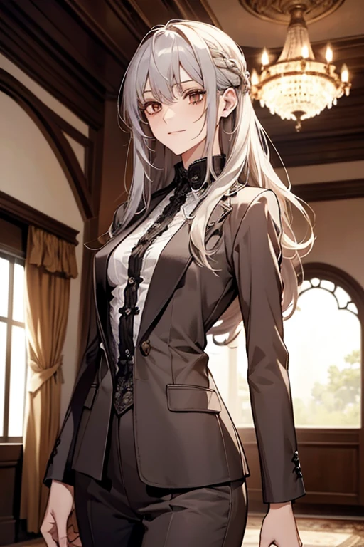 (Confused, High resolution, Very detailed), 1 female, Silver Hair,Long Hair,Reddish brown eyes,suit,Hair tied low,24th generation,Beautiful woman,mature,thin,quiet,Calm,Small breasts,A small smile,Reception room,