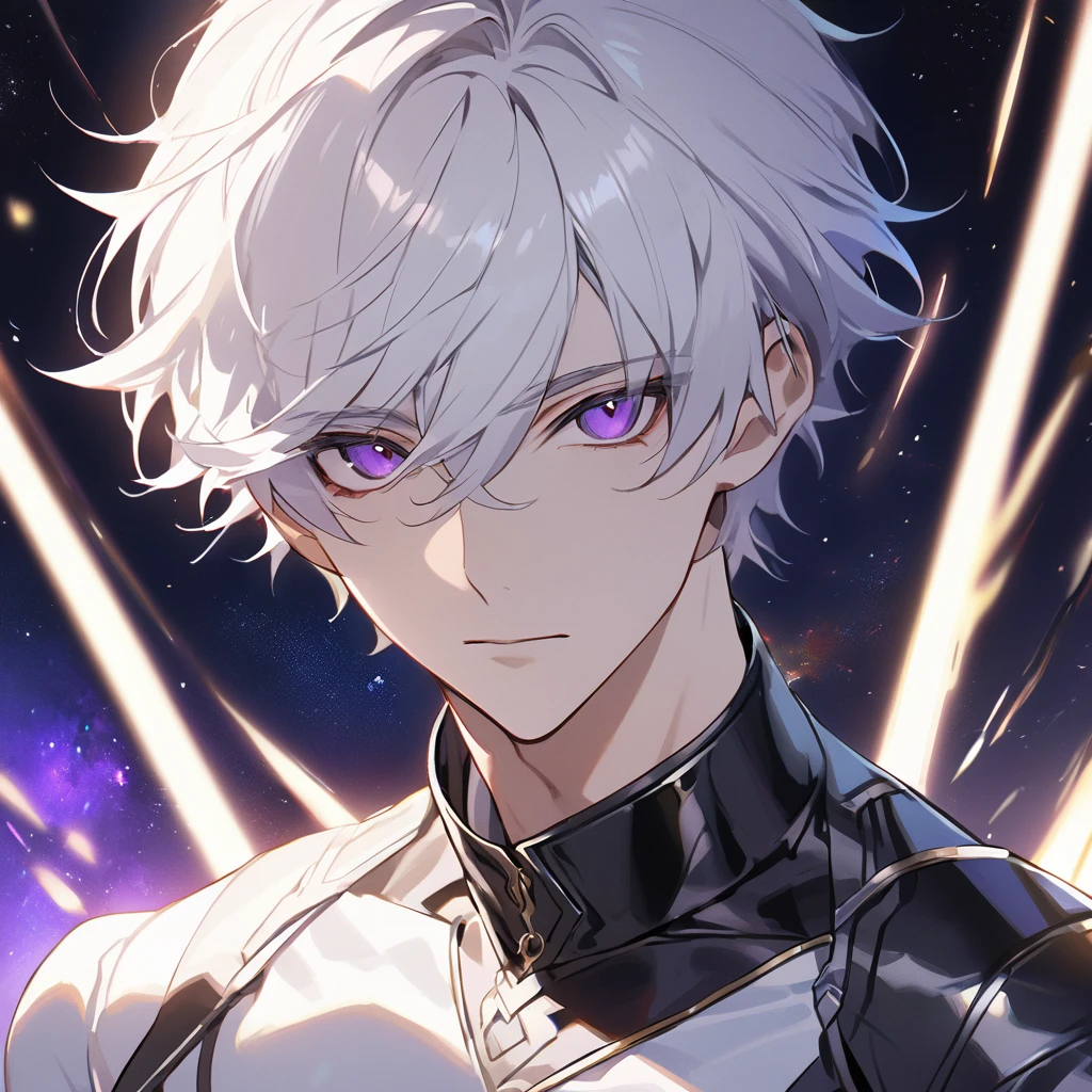 High quality, HD, 4k, no shadows, handsome male, 1male, 17 years old, teenager, golden lining, short white hair, sharp eyes, dark purple eyes, deep purple eyes, devil may cry, close up, calm expression, stoic expression, black leather clothes, white leather clothing, lean body, well trained body, upper body, looking at viewer, cowboy shot, white solar, space background