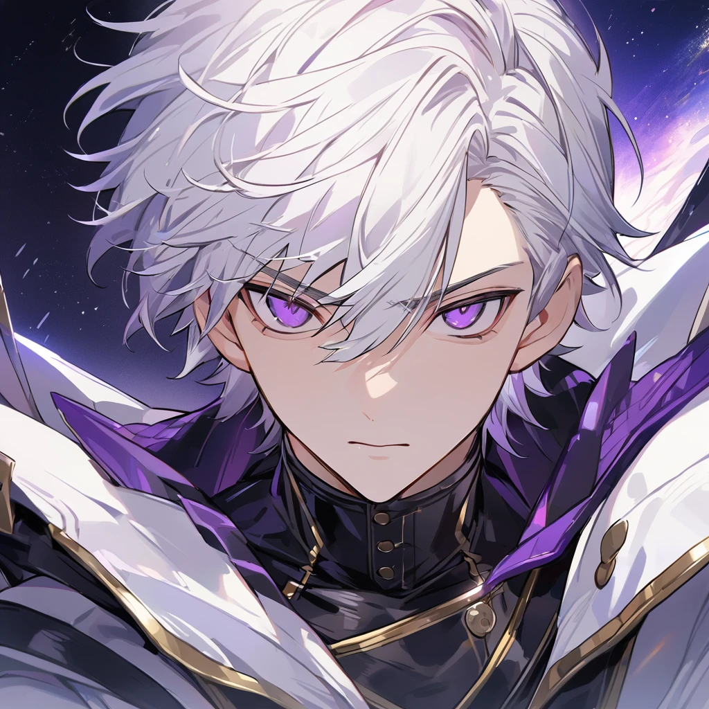 High quality, HD, 4k, no shadows, handsome male, 1male, 17 years old, teenager, golden lining, short white hair, sharp eyes, dark purple eyes, deep purple eyes, devil may cry, close up, calm expression, stoic expression, black leather clothes, white leather clothing, lean body, well trained body, upper body, looking at viewer, cowboy shot, white solar, space background