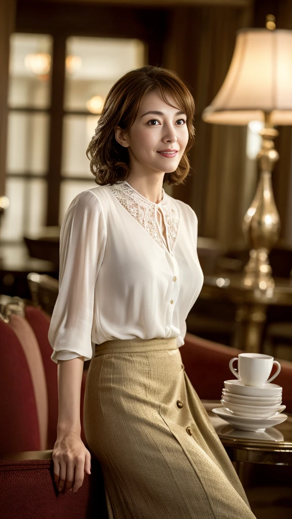 Browsing Caution, highest quality, Realistic, Surreal, Super quality, Highly detailed CG, Very delicate and beautiful, 8k wallpaper, High resolution, Hotel Lobby, (Dim lighting), Single woman, Age 37, ((whole body)), ((Stand facing us)), (White blouse), (Long skirt), (Red High Heels), Straight medium hair, smile, Thin lips, slim, Small breasts, (Highly detailed face), (Ultra-detailed facial expressions)