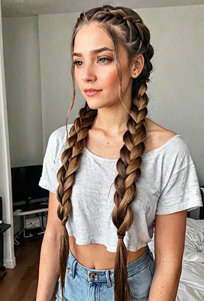 MilkGore, Modest Dress, long hair, twintails, closed mouth,  upper body, choker, sleeves past wrists, looking to the side, makeup,   (freckles:0.9), 