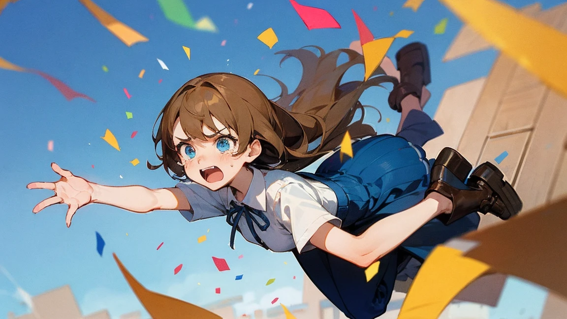 ((Highest quality)), ((masterpiece)), ((Very detailed)),Floatingする女の子,Angry expression,floating,Floating,Confetti,Brown Hair,tears,Levitating,Blue sky background,Feet in the air,tears,gravity,Long skirt,loafers,Raise both hands