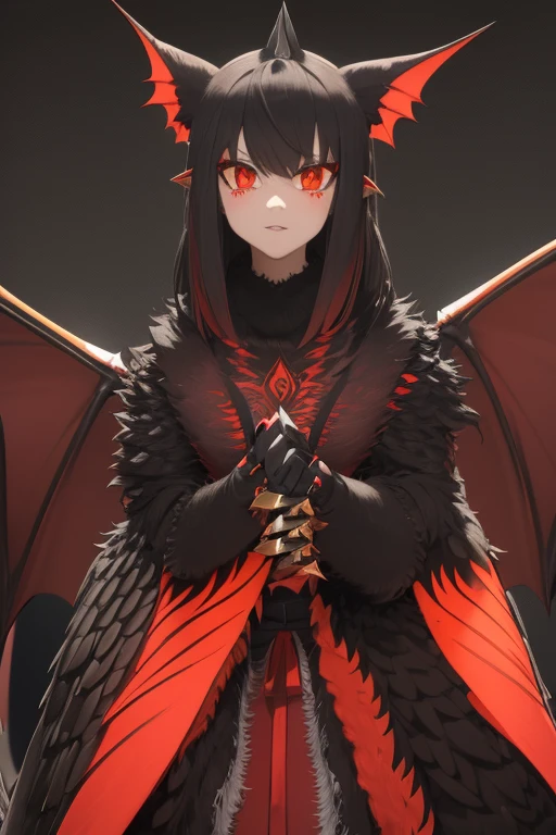 Nargacuga from Monster Hunter Generations vampire look black fur red eyes long red eyes black fur tail with spiked scales a pair of bat wings yellow fang looking straight at the viewer gray background