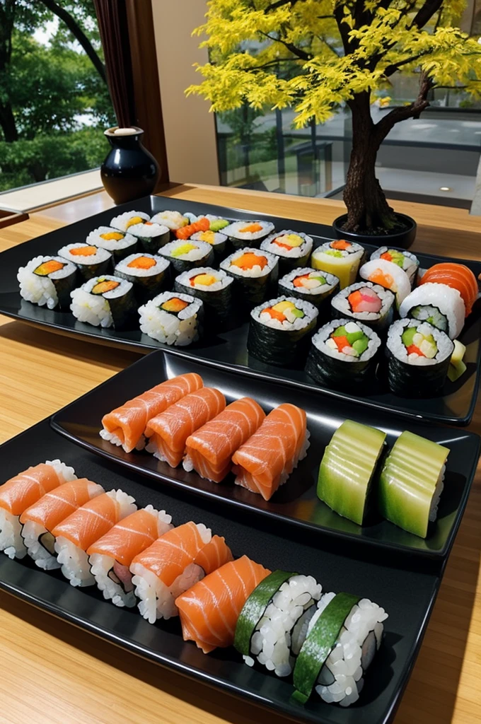 A random picture that has sushi, inside out and a tree included