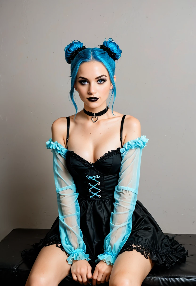 epiCPhotoGasm , realist, 1 girl, 18 years old, Human, parts, light blue fur, wide, multicolor fur, Gothic style, (Totalmente naked ), , gothic armor, Gothic accessories, pretty eyes, bright colors, High contrast, vivid lighting, naked, sitting, legs open