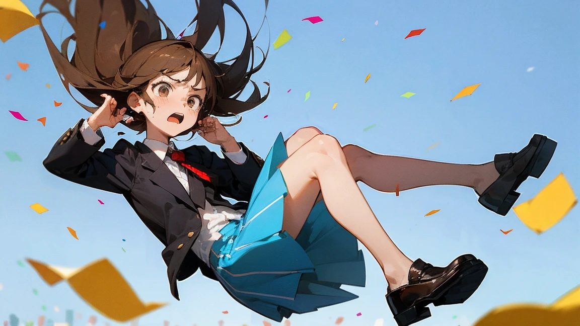 ((Highest quality)), ((masterpiece)), ((Very detailed)),Floatingする***,Angry expression，floating，Floating，Confetti，Brown Hair,tears,Levitating,Blue sky background,Feet in the air,tears,gravity,Long skirt,loafers,Raise both hands