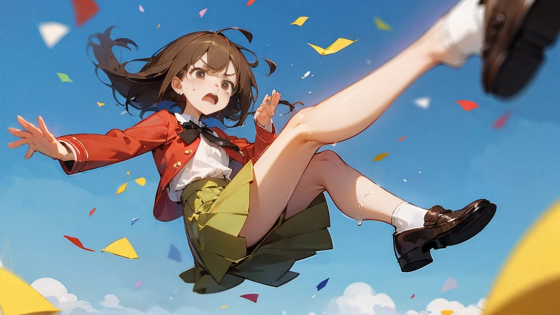 ((Highest quality)), ((masterpiece)), ((Very detailed)),Floatingする***,Angry expression，floating，Floating，Confetti，Brown Hair,tears,Levitating,Blue sky background,Feet in the air,tears,gravity,Long skirt,loafers,Raise both hands