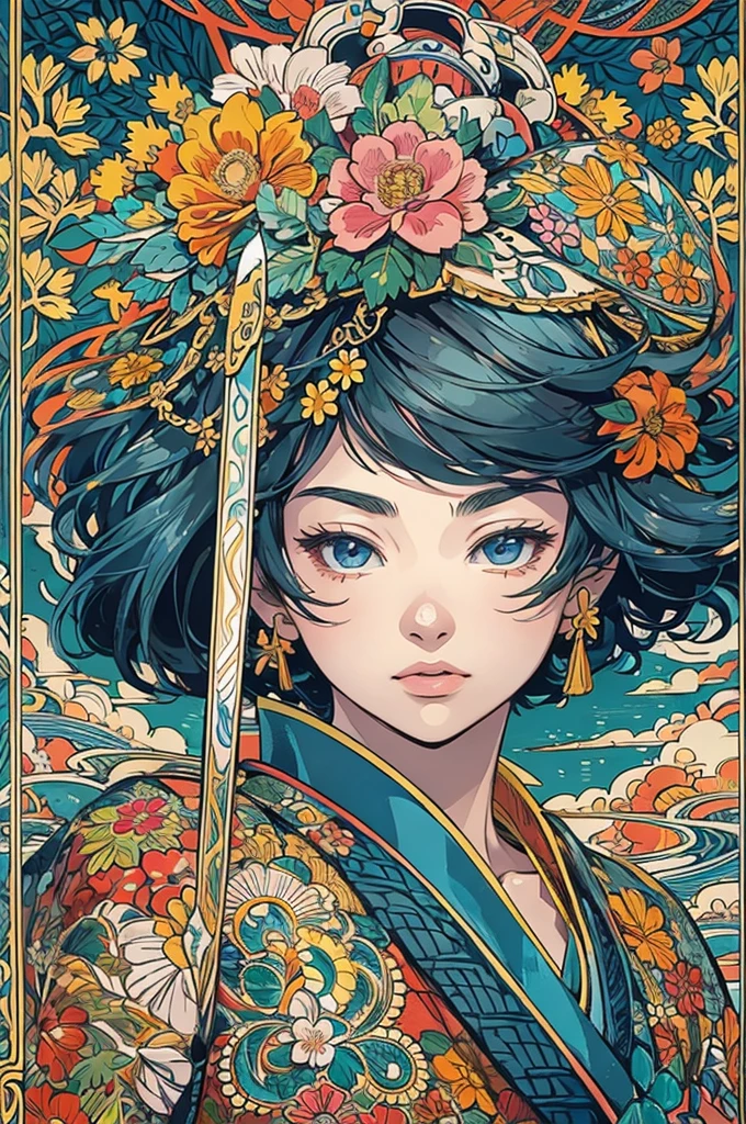 popart,flat color,(best quality, masterpiece, ultra high-resolution, ultra-detailed: 1.2),A vibrant and colorful illustration of an anime-style female samurai character with darkblue wavy-short hair, tween,holding her sword in front of her face. She is wearing traditional Japanese adorned with floral patterns, a backdrop filled with colorful patterns representing ancient symbols and floral motifs. The background is richly detailed with geometric shapes that add depth to their figure's presence., creating a whimsical atmosphere. The background features bold colors and intricate designs that add to the overall visual appeal. This artwork showcases vivid hues, intricate details on both attire and armor, capturing movement as she walks forward in the style of intricate details on both attire and armor, capturing movement as she walks forward.