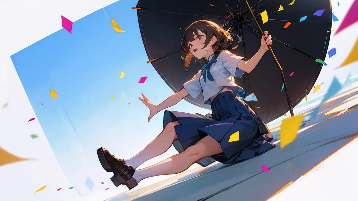 ((Highest quality)), ((masterpiece)), ((Very detailed)),Floatingする女の子,Angry expression，floating，Floating，Confetti，Brown Hair,tears,Levitating,Blue sky background,Feet in the air,tears,gravity,Long skirt,loafers,Raise both hands