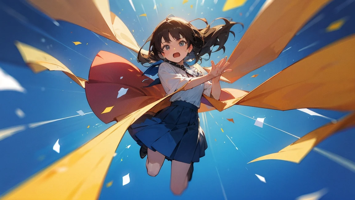 ((Highest quality)), ((masterpiece)), ((Very detailed)),Floatingする女の子,Angry expression，floating，Floating，Confetti，Brown Hair,tears,Levitating,Blue sky background,Feet in the air,tears,gravity,Long skirt,loafers,Raise both hands