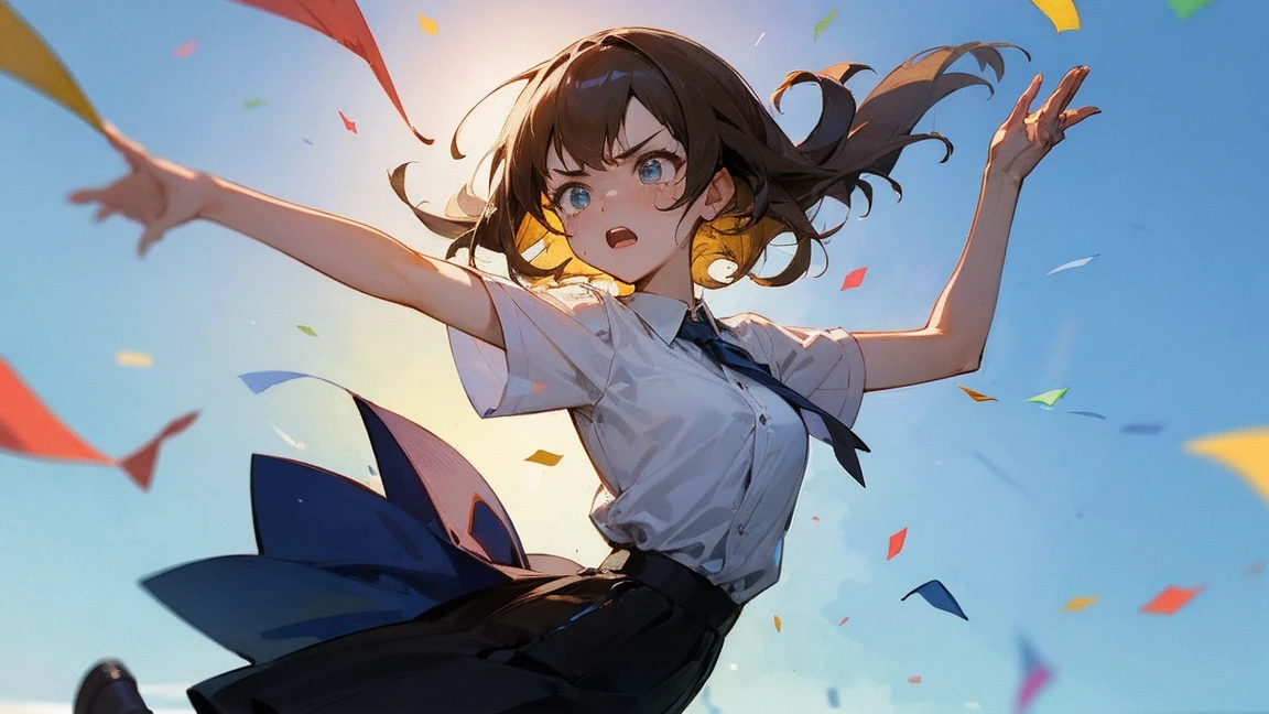 ((Highest quality)), ((masterpiece)), ((Very detailed)),Floatingする女の子,Angry expression,floating,Floating,Confetti,Brown Hair,tears,Levitating,Blue sky background,Feet in the air,tears,gravity,Long skirt,loafers,Raise both hands