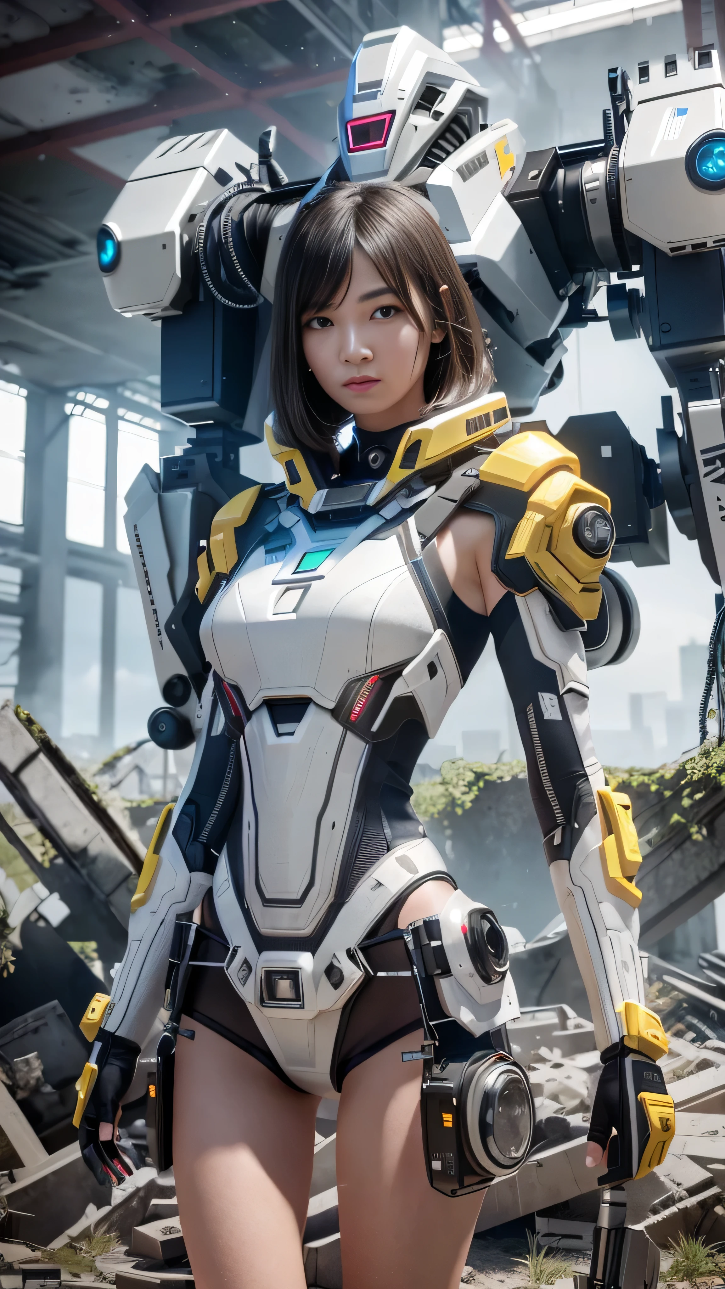 Raw quality, ((Highest quality)), ((masterpiece)), (High definition:1.3), 。.3d,Shitmeka, Beautiful cyberpunk woman with a mech in the ruins of an abandoned war city, Portrait Photography, The arm is raw skin, Ancient Technology,Ticker(High Dynamic Range),Ray Tracing,nvidia RTX,Super-resolution,Unreal 5,Sub-surface Scattering,PBR Texturing,Post-processing,Anisotropic Filtering,Depth of written boundary,Maximum clarity and sharpness,Multilayer Texture,Albedo and Specular Maps,Surface Shading,Accurate simulation of light-material interactions,Perfect proportions,Octane Rendering,Two-tone lighting,Low ISO,White balance,Three-part method,Wide aperture,8K live,Efficient Subpixel,Subpixel Convolution,Light-emitting particles,Light Scattering,Tyndall effect
