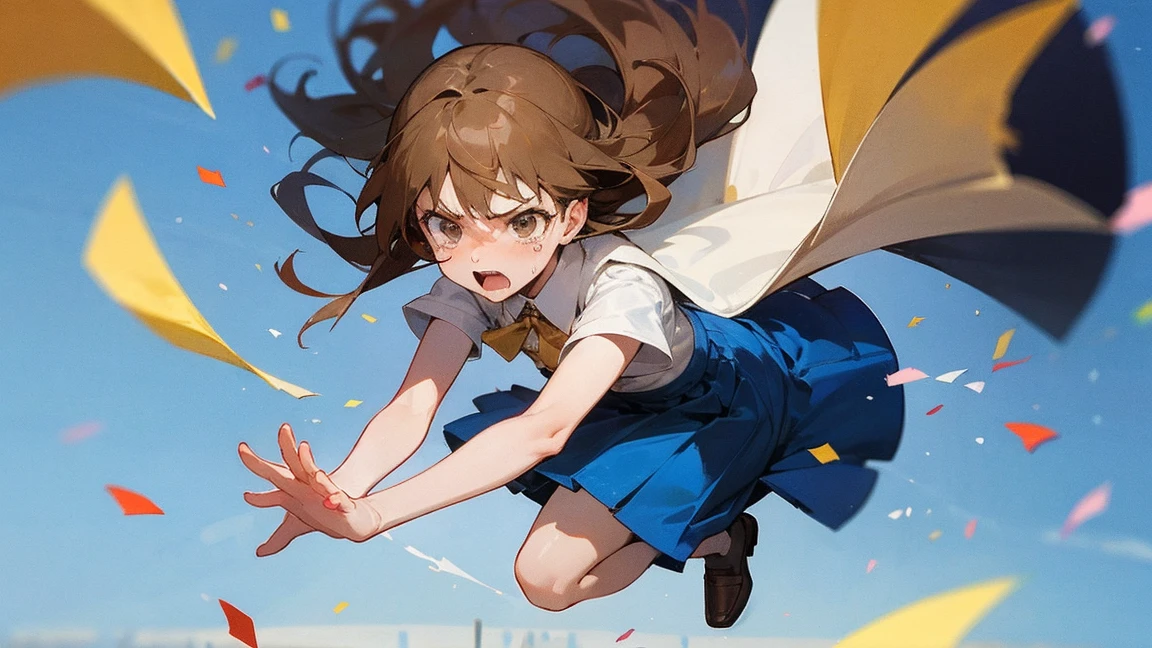 ((Highest quality)), ((masterpiece)), ((Very detailed)),Floatingする女の子,Angry expression，floating，Floating，Confetti，Brown Hair,tears,Levitating,Blue sky background,Feet in the air,tears,gravity,Long skirt,loafers,Raise both hands