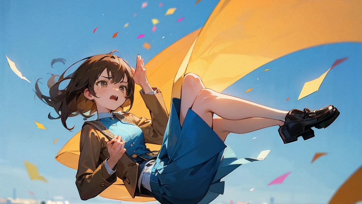 ((Highest quality)), ((masterpiece)), ((Very detailed)),Floatingする女の子,Angry expression,floating,Floating,Confetti,Brown Hair,tears,Levitating,Blue sky background,Feet in the air,tears,gravity,Long skirt,loafers,Raise both hands