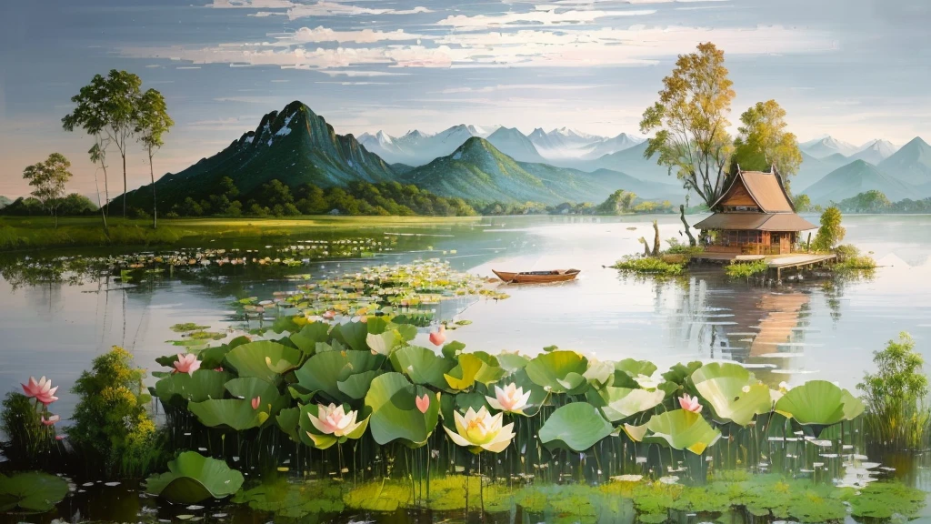 painting of a boat on a lake with a house and mountains in the background, oil on canvas painting, lotus pond, peaceful landscape, highly detailed oil painting, in a serene landscape, peaceful scene, thailand art, highly detailed oil-painting, nature painting, tranquil scene, traditional painting, 4 k oil painting, extremely detailed oil painting, high detailed oil painting