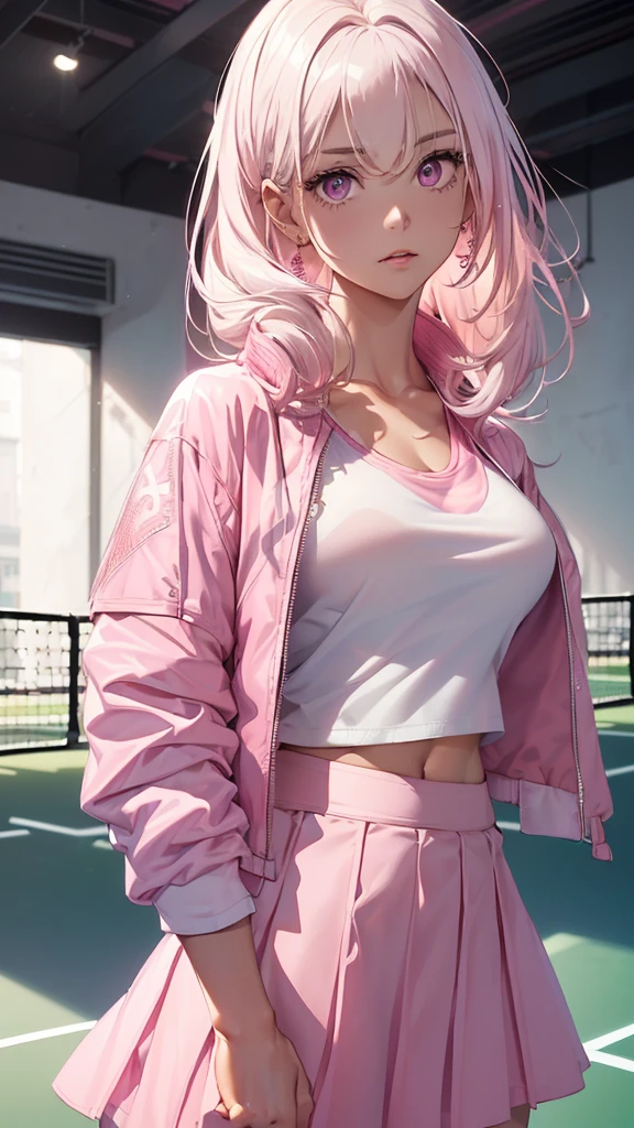 Photograph of the upper body of a beautiful woman, , [see through](white t-shirt:1.47),(pink tennis skirt:1.47),(pink jacket:1.47) big breasts, (small waist, perfect body), earring, Sharp focus, (tall body, mature woman), ((Looking ahead)), (Highly detailed skin, hair follicles:1.4) (long white hair),(purple eyes)