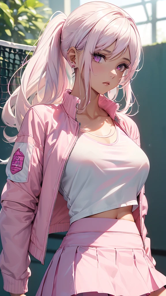 Photograph of the upper body of a beautiful woman, , [see through](white t-shirt:1.47),(pink skirt:1.47),(pink jacket:1.47) big breasts, (small waist, perfect body), earring, Sharp focus, (tall body, mature woman), ((Looking ahead)), (Highly detailed skin, hair follicles:1.4,white skin) (long white hair),(purple eyes)