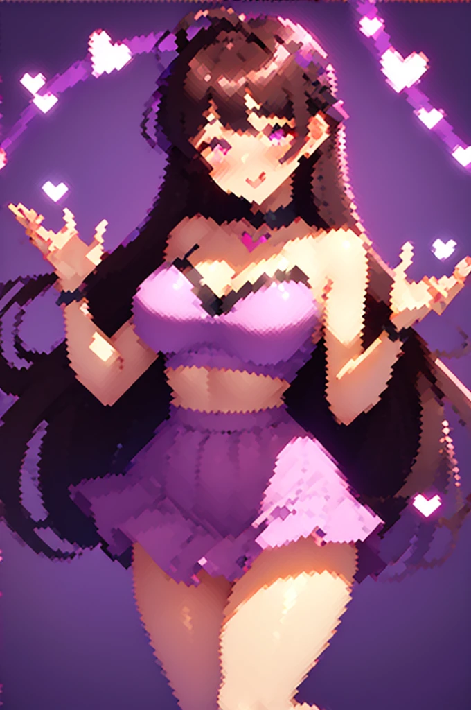 ((best quality)), ((masterpiece)), (detailed)),Cute Girl,Short Brown Hair,Purple Eyes,Heart shaped pupils,Cute smile,Red Blush,big breasts,showed under ,bare thick thighs,cute skirt,Glowing purple eyes,cute pose,hand beneath breasts,purple background,heart shaped pupils