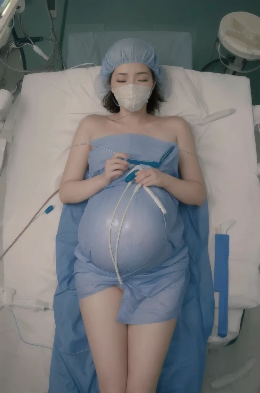 pregnant ,masterpiece, best quality, highres, (nude:1.2),  1girl, solo, (operating room:1.2), lie on back on (\"operating bed\":1.3),closed eyes,
(view from above:1.3), open legs, spread legs,
 mouth respirator mask , 