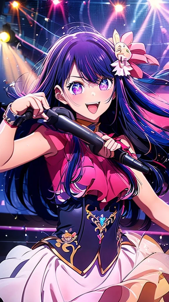 Sparkling，Ultra-high sharpness，One girl , Ai Hoshino, (Delicate and detailed facial features:1), high resolution, Ultra-clear resolution, Movie quality,pretty girl，Wearing stage costumes，Take the stage，Sing and dance with a microphone，The spotlight shines on your body