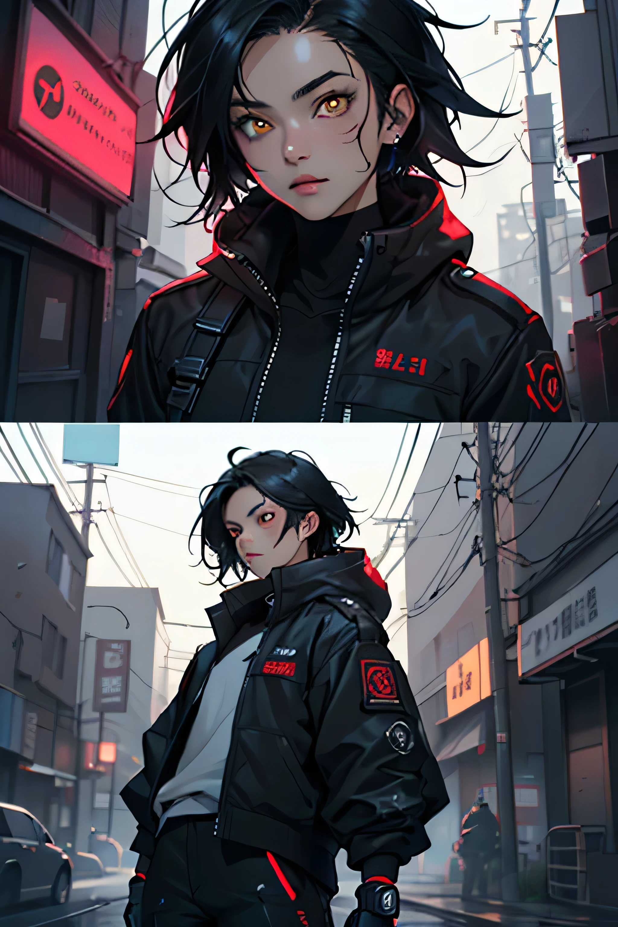 ((best qualityer)), ((work of art)), (detailded), ((game dev concept art)) ((Semi realism)) Japanese girl, black voluminous emo hair, eyes with yellow pupils, cyberpunkstyle, all-black clothes with red neons, Military Details