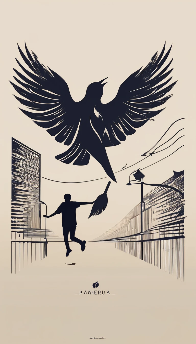 Create a modern, minimalistic logo design for a brand about music and movies called " Penamemoria". The logo must be in minimalistic style and convey a sense of storytelling. The logo is the silhouette of a boy and a bird. The boy is running with open arms, holding an acoustic guitar in the right hand and a bird feather in the left hand. Minimalistic logo design impressed on a book cover
