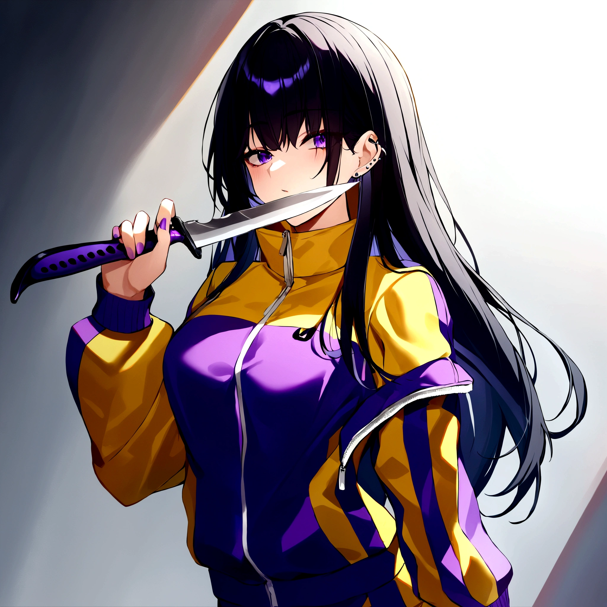One girl, piercing purple irises, yellow tracksuit jacket, over the mouth high collar tracksuit, knife in hand, medium chest, yellow pants with purple accents, best quality, long black hair streaked with purple stripes,