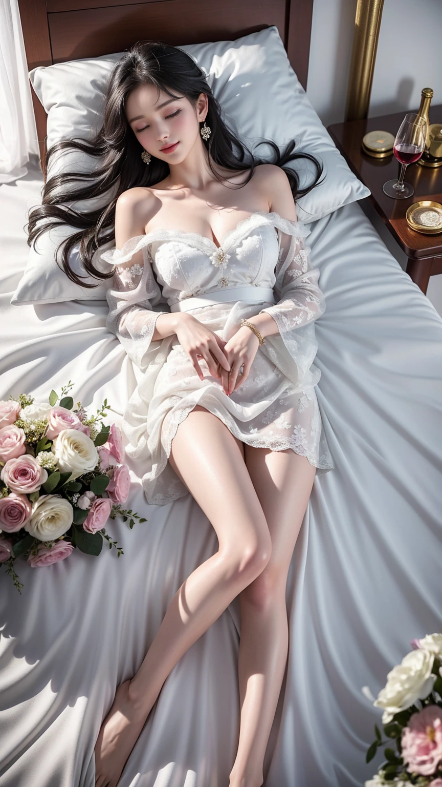 （(Girl lying on bed))、Beauty、 One Girl、alone、Long Hair、Viewer、smile、（Eyes closed)、hair ornaments、、gem、Gray Hair、Shut your mouth、Blunt banganicure、bracelet、lips、Grey Eyes、Portraiture、Red nails、close、赤いlips、Put your hands on your face、Place your hand on your cheek、()、(Shiny skin)、((Skyscrapers are hazy outside the window))、(Off-shoulder white dress with floral pattern),),((Girl sleeping with legs slightly apart)),(Leg spread),((White panties are visible)),（Lift-up skirt)、((holding a wine glass)),