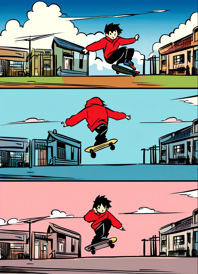 Create an anime-style illustration of a boy skateboarding in mid-air. The boy should have a joyful expression and be wearing a red hoodie and black shorts, similar to the girl in the reference image. The background should feature a clear blue sky with some clouds, utility poles, and buildings in a light, sketchy style. Ensure the overall color palette and energetic feel of the image match the reference.
