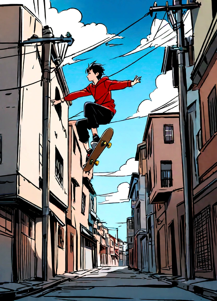 Create an anime-style illustration of a boy skateboarding in mid-air. The boy should have a joyful expression and be wearing a red hoodie and black shorts, similar to the girl in the reference image. The background should feature a clear blue sky with some clouds, utility poles, and buildings in a light, sketchy style. Ensure the overall color palette and energetic feel of the image match the reference.