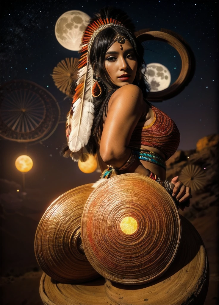 Beautiful Cherokee Indian woman with beautiful terracotta colored headdresses, blackw, doradas, cobre, Pearl, white and beige, feathers made of bright neon of various colors, flares on camera, bokeh, full moon night
