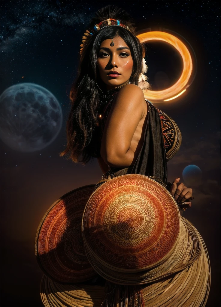 Beautiful Cherokee Indian woman with beautiful terracotta colored headdresses, blackw, doradas, cobre, Pearl, white and beige, feathers made of bright neon of various colors, flares on camera, bokeh, full moon night
