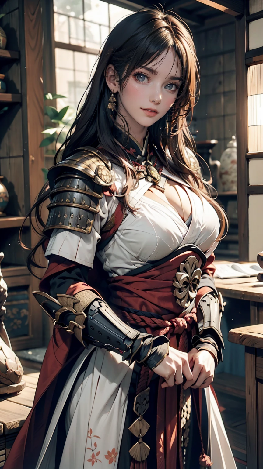 (masterpiece:1.3, Highest quality, Ultra-high resolution, Very detailed), (Realistic, photoRealistic:1.4), Perfect lighting, colorful, Written boundary depth, Browsing Caution, Surrealism,Beautiful detailsまでこだわった髪, Beautifully detailed face, Short Hair、Beautiful details, Perfect Face, Perfect Anatomy, Long necked supermodel,((Skinny 1.3)),Looking into the camera,(Perfect Anatomy),((beautiful girl:1.1)),(( Large Breasts: 1.3 )),(Medium Hair:1.2, Wavy Hair:1.2, Black Hair) ,Dainty facial structure、Sengoku period、battlefield、battle、Female Samurai、Maid、armor、Battle attire、Japanese sword、Sword in both hands