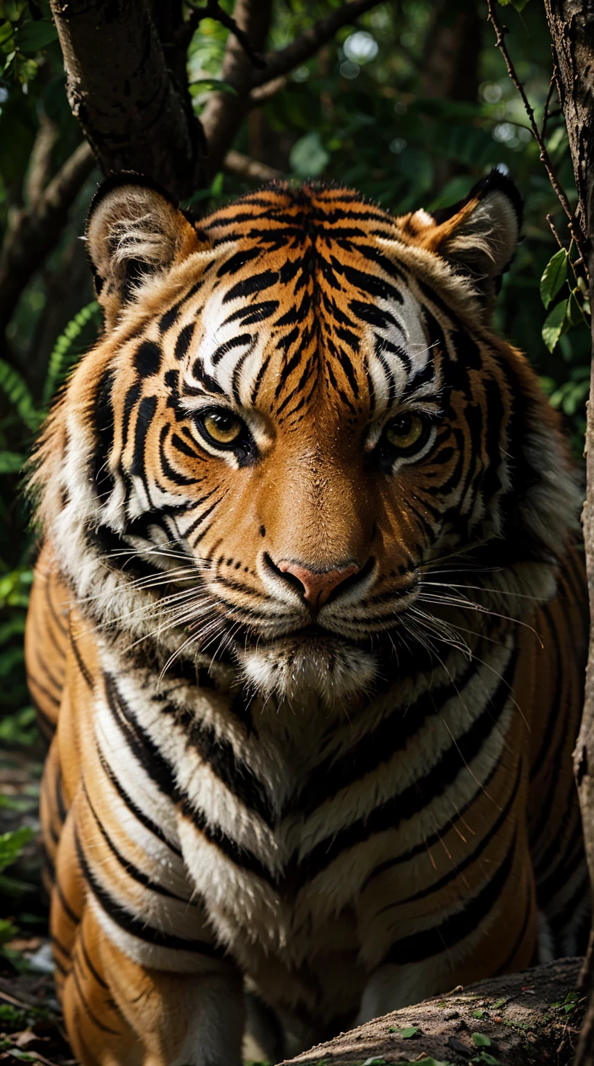 ((best quality)), ((masterpiece)), (detailed), perfect face, full detailed body, "Generate a realistic image of an Indian Bengal tiger in its natural habitat. The tiger should be depicted in a dense, sun-dappled forest typical of India, surrounded by lush greenery and hints of foliage. Show the tiger's distinct orange coat with black stripes, emphasizing its powerful physique and characteristic markings. Capture the tiger in a moment of repose or alertness, showcasing its intense gaze and strong presence. Include details such as the play of light and shadow, conveying the atmosphere of the Indian jungle. Ensure the portrayal reflects the majestic nature of the Bengal tiger, a symbol of India's rich wildlife heritage." Fully detailed,  Super realistic,  [animal]


