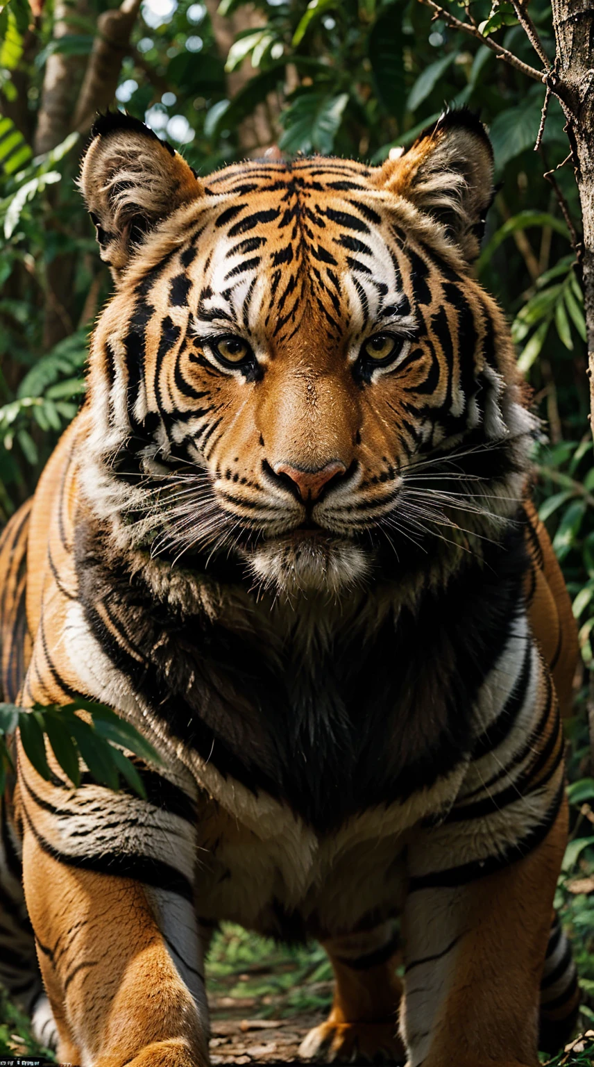 ((best quality)), ((masterpiece)), (detailed), perfect face, full detailed body, "Generate a realistic image of an Indian Bengal tiger in its natural habitat. The tiger should be depicted in a dense, sun-dappled forest typical of India, surrounded by lush greenery and hints of foliage. Show the tiger's distinct orange coat with black stripes, emphasizing its powerful physique and characteristic markings. Capture the tiger in a moment of repose or alertness, showcasing its intense gaze and strong presence. Include details such as the play of light and shadow, conveying the atmosphere of the Indian jungle. Ensure the portrayal reflects the majestic nature of the Bengal tiger, a symbol of India's rich wildlife heritage." Fully detailed,  Super realistic,  [animal]


