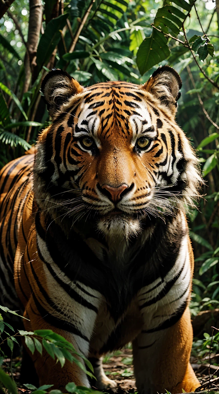 ((best quality)), ((masterpiece)), (detailed), perfect face, full detailed body, "Generate a realistic image of an Indian Bengal tiger in its natural habitat. The tiger should be depicted in a dense, sun-dappled forest typical of India, surrounded by lush greenery and hints of foliage. Show the tiger's distinct orange coat with black stripes, emphasizing its powerful physique and characteristic markings. Capture the tiger in a moment of repose or alertness, showcasing its intense gaze and strong presence. Include details such as the play of light and shadow, conveying the atmosphere of the Indian jungle. Ensure the portrayal reflects the majestic nature of the Bengal tiger, a symbol of India's rich wildlife heritage." Fully detailed,  Super realistic,  [animal]


