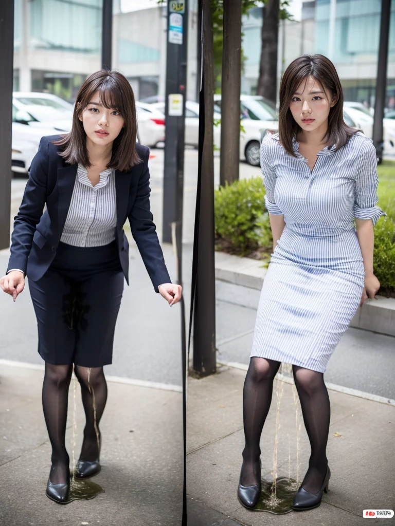 (masutepiece,High quality,16k:1.1),(depth of fields:1.3) ,((front body:1.35)),Japanese ,Woman, ((business suit, black vertical striped pencil skirt )), tights,huge breasts, voluptuous, thicc, curvy,(Looking at Viewer:1.3),(full body shot:1.2),(Beautiful Morning view of town:1.2),peeing self, wetting her clothes, can't hold her pee face, wetting herself desperate, pee desperation pose, her body can't hold her pee and wets herself ultra desperate in the middle of the cicty in absolute desperaton wetting herself, pee runing down her legs, standing up, hyper pee desperate face, big pee pudle