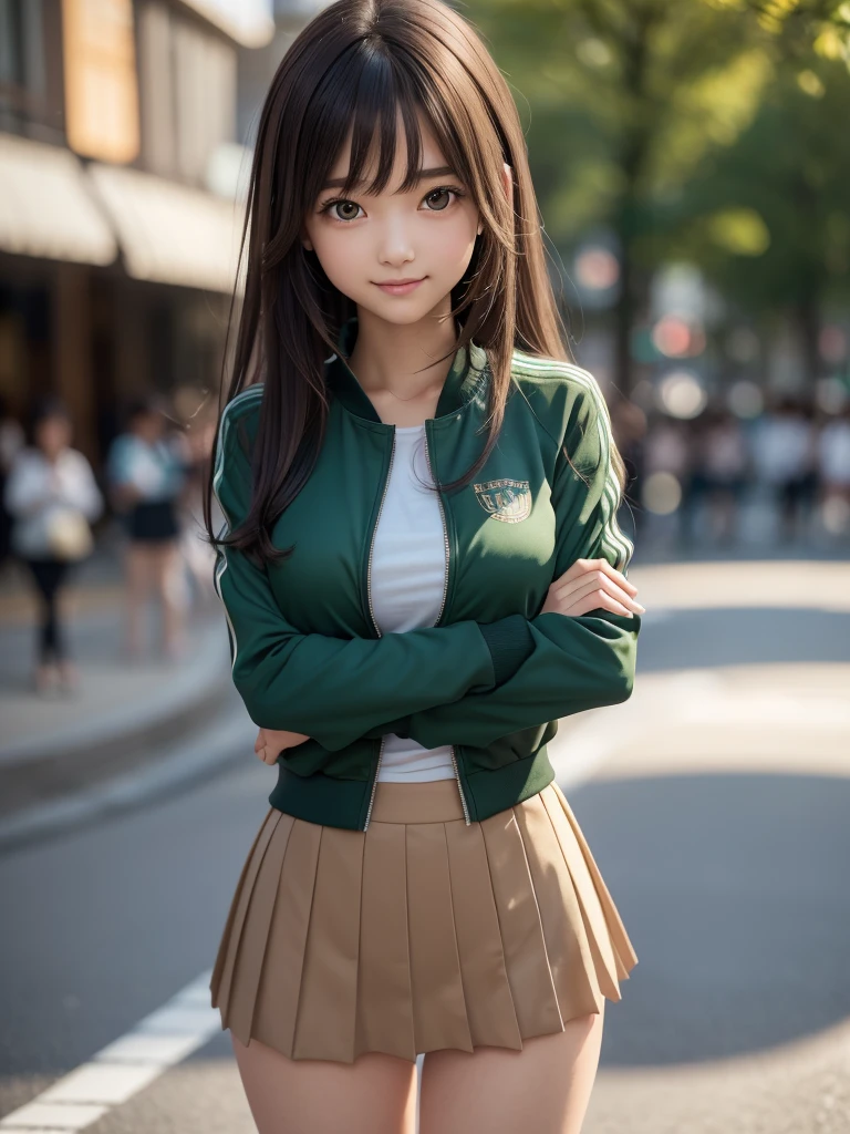 (8K, RAW Photos, Highest quality, masterpiece:1.2), (Realistic, photo-Realistic:1.4), (Highly detailed 8K wallpapers), ((Full Body Shot)), (1 girl), Sharp focus, Depth of written boundary, Cinematic lighting, Soft Light, 緻密な美しさのeye, eye_Chan, Very beautiful 17 year old girl, innocent big eyes, Realistic, photo Realistic, Highly detailed cute girl, (Thin thighs), (Model Body Type), 18-year-old, ((emerald green track jacket)), (Black Micro Mini Pleated Skirt), (((Fold your arms in front of your chest and act arrogantly))), ((A happy smile)), Parted lips, Watching the audience, (On the streets of Tokyo) , (Light brown hair),(Long Bob Hair), (Asymmetrical bangs)