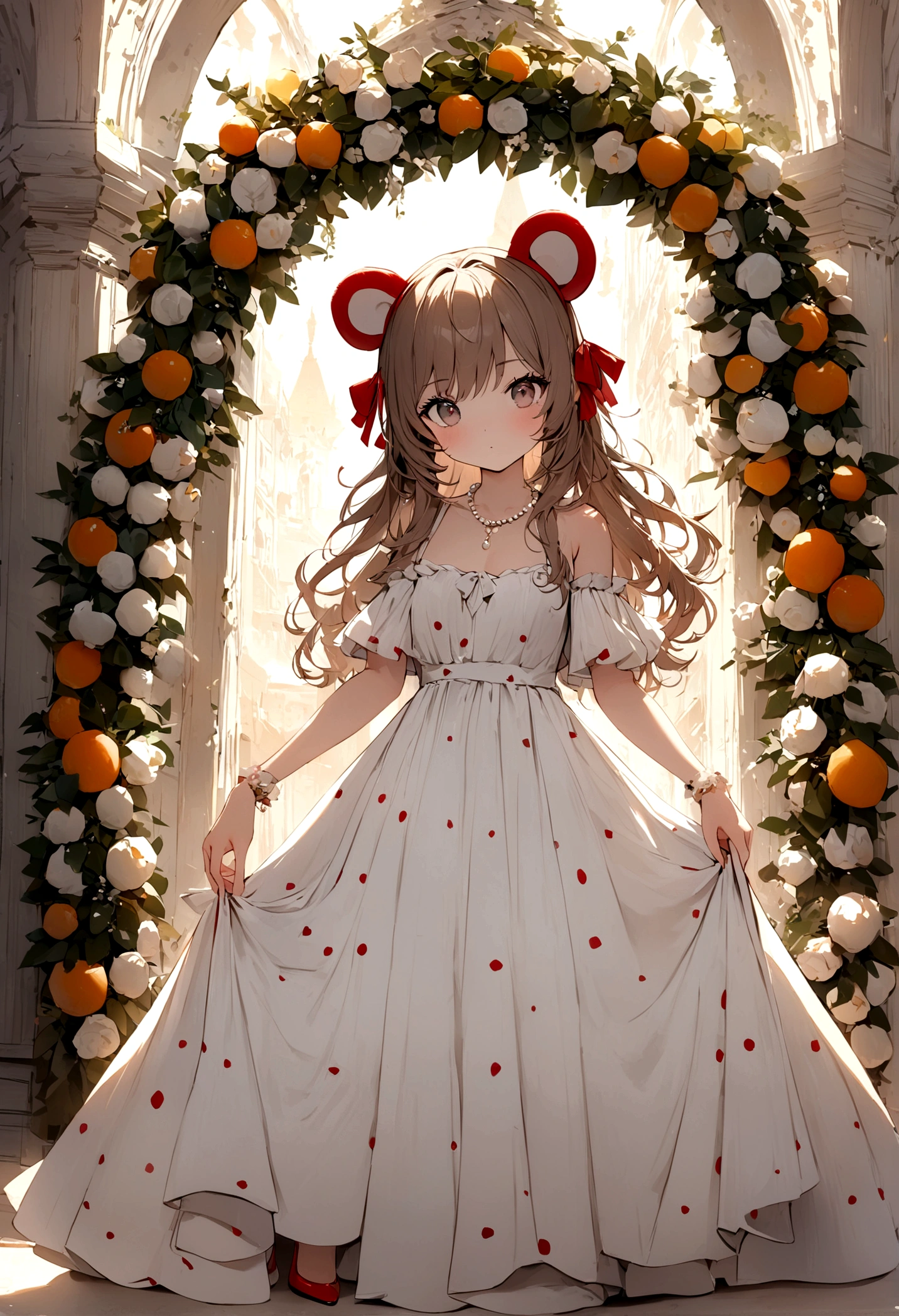 (Highest quality, 4K, 8K, ultra -high resolution, masterpiece), super detail, Rachel Cook wearing a silk dress with a black polka dot on a white background. Full body portrait, long limbs, gentle and calm eyes. Behind the summer day, where the magnificent and stylish palace towering is standing. Cute costumes and red high heels, cute style, cute Rachel Cook, gorgeous Rachel Cook, cute look, pearl ears and necklaces, supervised Lillian Bassman.