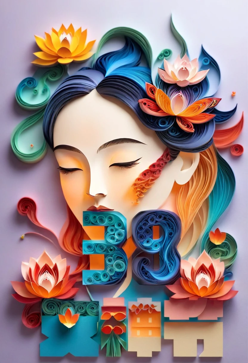 (number art, paper art,layered paper art,paper quilling,paper-cut,paper sculpture),(girl face:1.5),mountains, tree, river,flowers,lotus, (Oriental elements, Chinese color, Advanced color matching),(3D sculpture,Render by Octane,Volumetric light), (Loss of focus, Very colorful, light, chiaroscuro,Ray tracing)