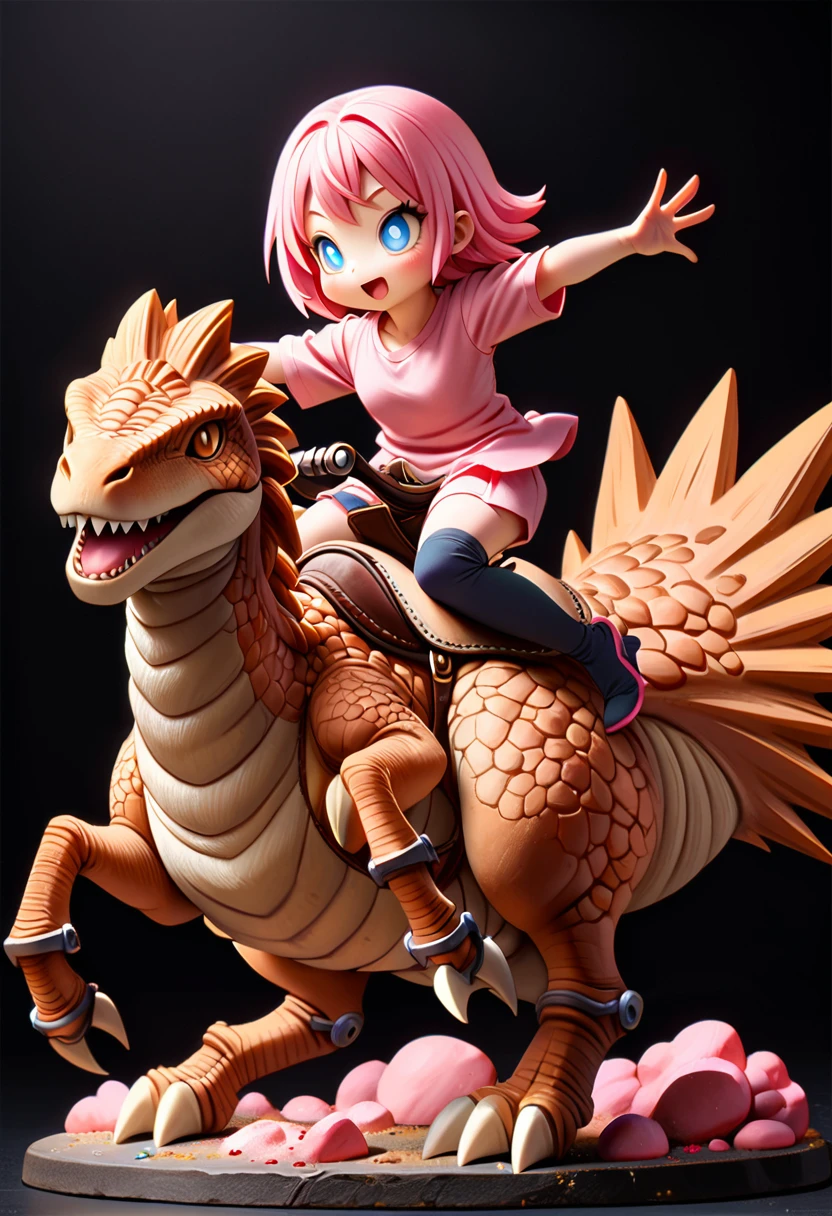 Highest quality、masterpiece、darkness、Black Background、Surreal Posters、dirty, mineral pigments, 3D clay sculpture art, clay、BREAK、(((Bipedal Dinosaurs、ピンクの毛が生えた恐竜にGirl riding:1.37、Fine saddle and stirrups、saddle and stirrup、Girl riding:1.37、Toriyama Ming style painting、Dragon Ball Style、Very realistic T.Rex、Pink glowing hair、Bright eyes、Light pink dinosaur)))、BREAK、Object of fear、Leaning forward、dirty, mineral pigments, 3D clay sculpture art, clay
