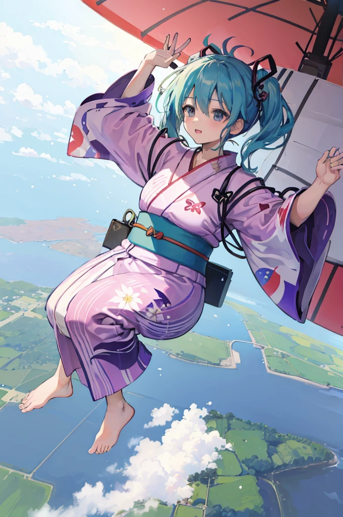 (((yukata skydiving in the air))),Hatsune Miku in a yukata enjoying a Japanese festival while skydiving, raising both hands in the air