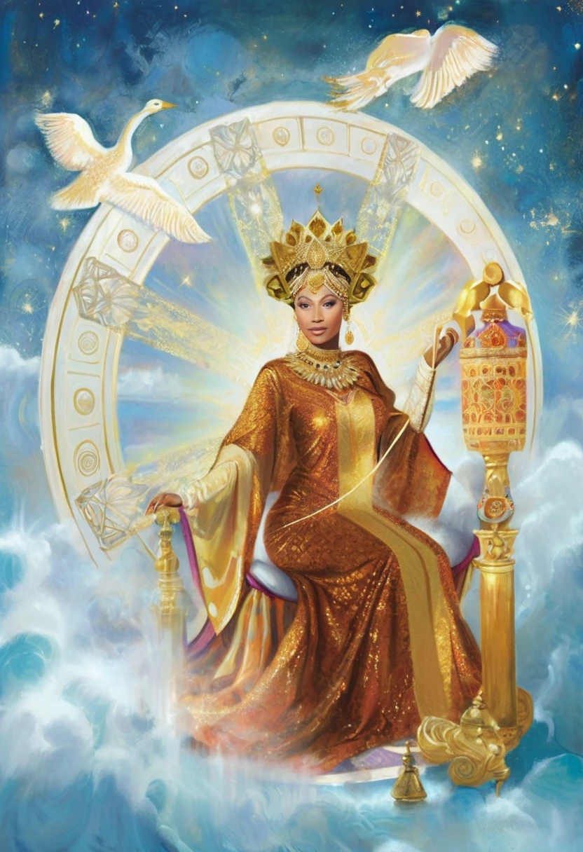 painting of a woman in a golden dress, sitting on the throne, Empress Tarot Card, the god emperor of mankind, queen and ruler of the universe, Empress Tarot Card, Beyoncé as Pope, queen of heaven, portrait of the queen of light, Queen of the Sun, Emperor Tarot Card, goddess of wisdom, Indian goddess of wealth