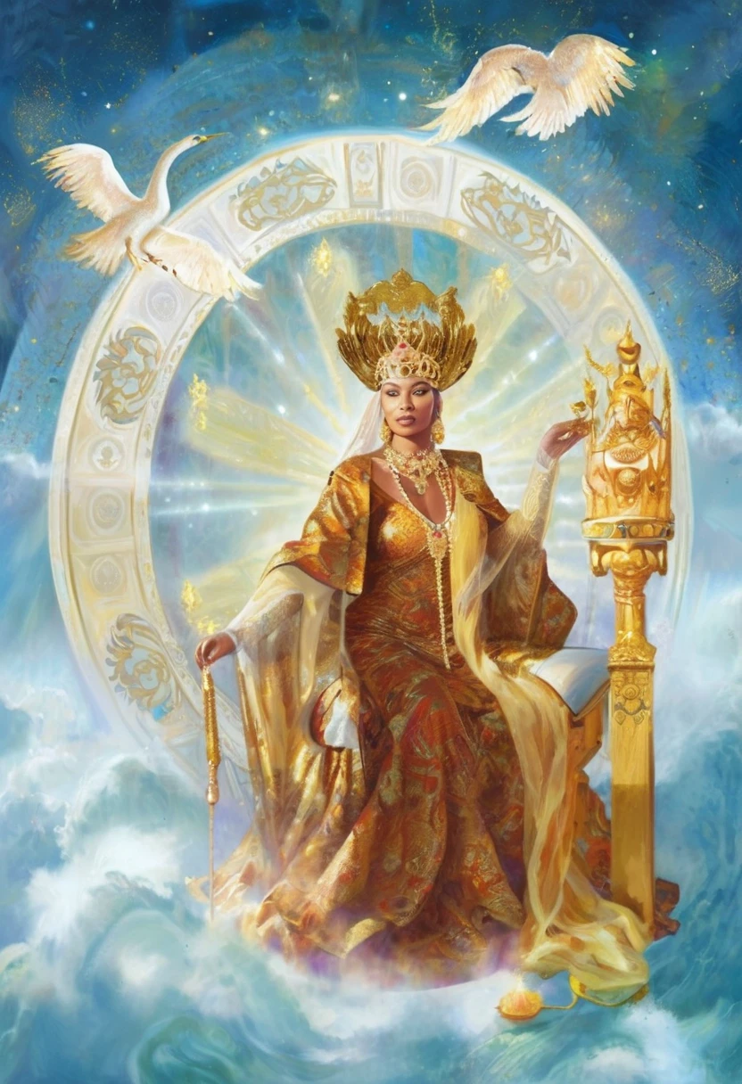 painting of a woman in a golden dress, sitting on the throne, Empress Tarot Card, the god emperor of mankind, queen and ruler of the universe, Empress Tarot Card, Beyoncé as Pope, queen of heaven, portrait of the queen of light, Queen of the Sun, Emperor Tarot Card, goddess of wisdom, Indian goddess of wealth