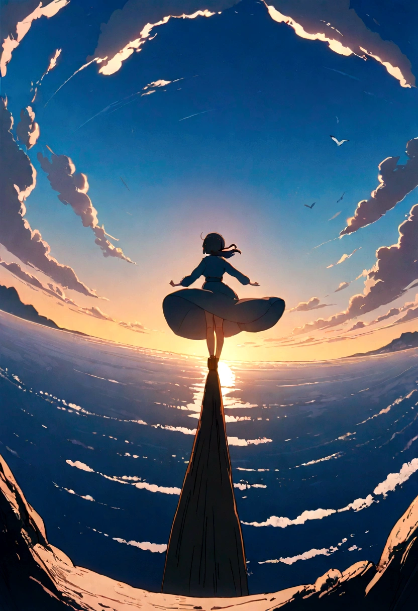 masterpiece, Bird's Eye View, Highest quality, Movie stills, A girl flying in the sky on a broom, Back view、Seagull, Below is the blue sea and islands., Scrap delivery service, Miyazaki anime films, Anime Ghibli, Clouds in the sky, blue sky, close, bright, Happy, Warm and soft lighting, sunrise, (spark:0.7), Ultra Wide Angle, 8K, Super detailed, Accurate, Highest quality