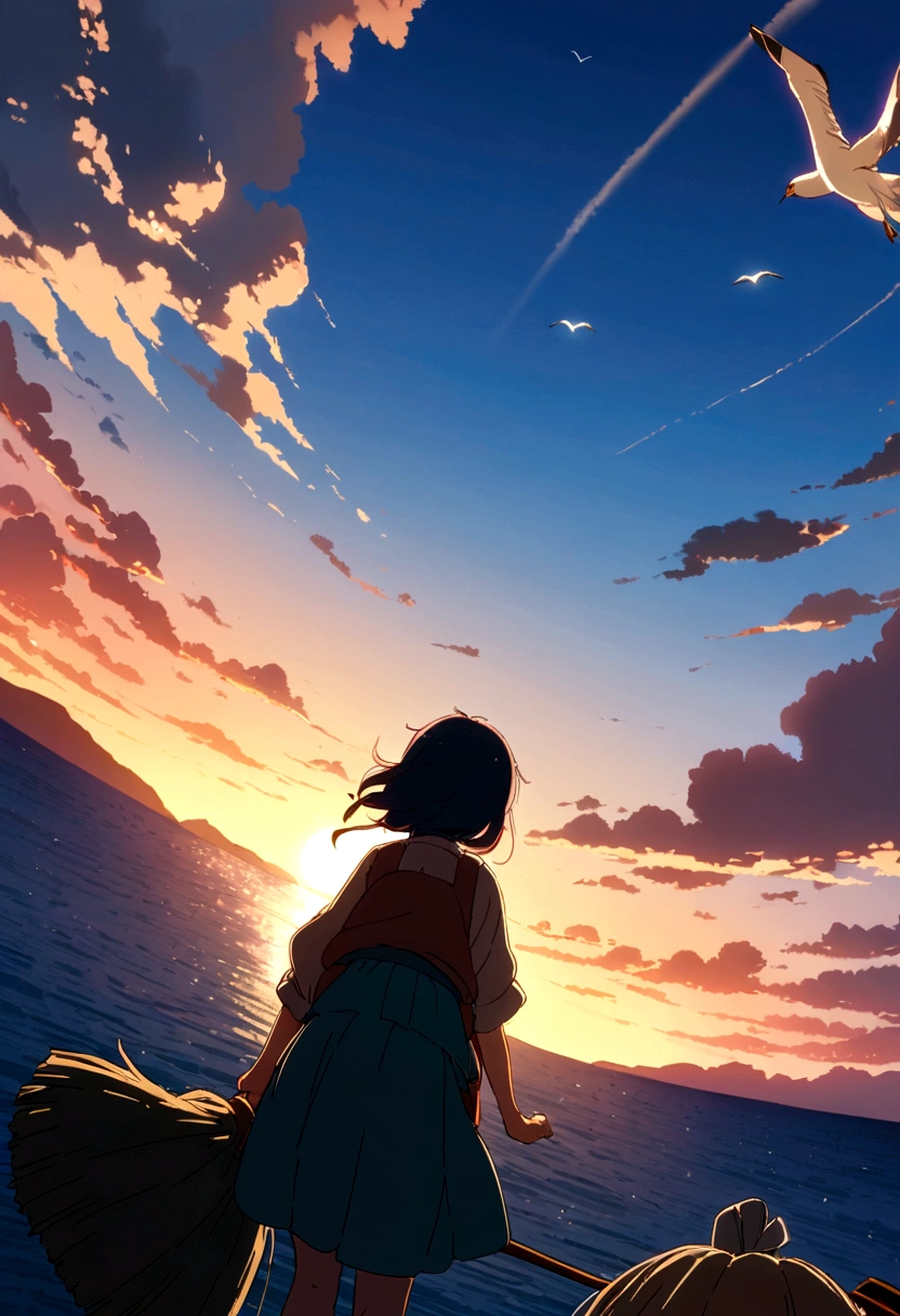 masterpiece, Bird's Eye View, Highest quality, Movie stills, A girl flying in the sky on a broom, Back view、Seagull, Below is the blue sea and islands., Scrap delivery service, Miyazaki anime films, Anime Ghibli, Clouds in the sky, blue sky, close, bright, Happy, Warm and soft lighting, sunrise, (spark:0.7), Ultra Wide Angle, 8K, Super detailed, Accurate, Highest quality