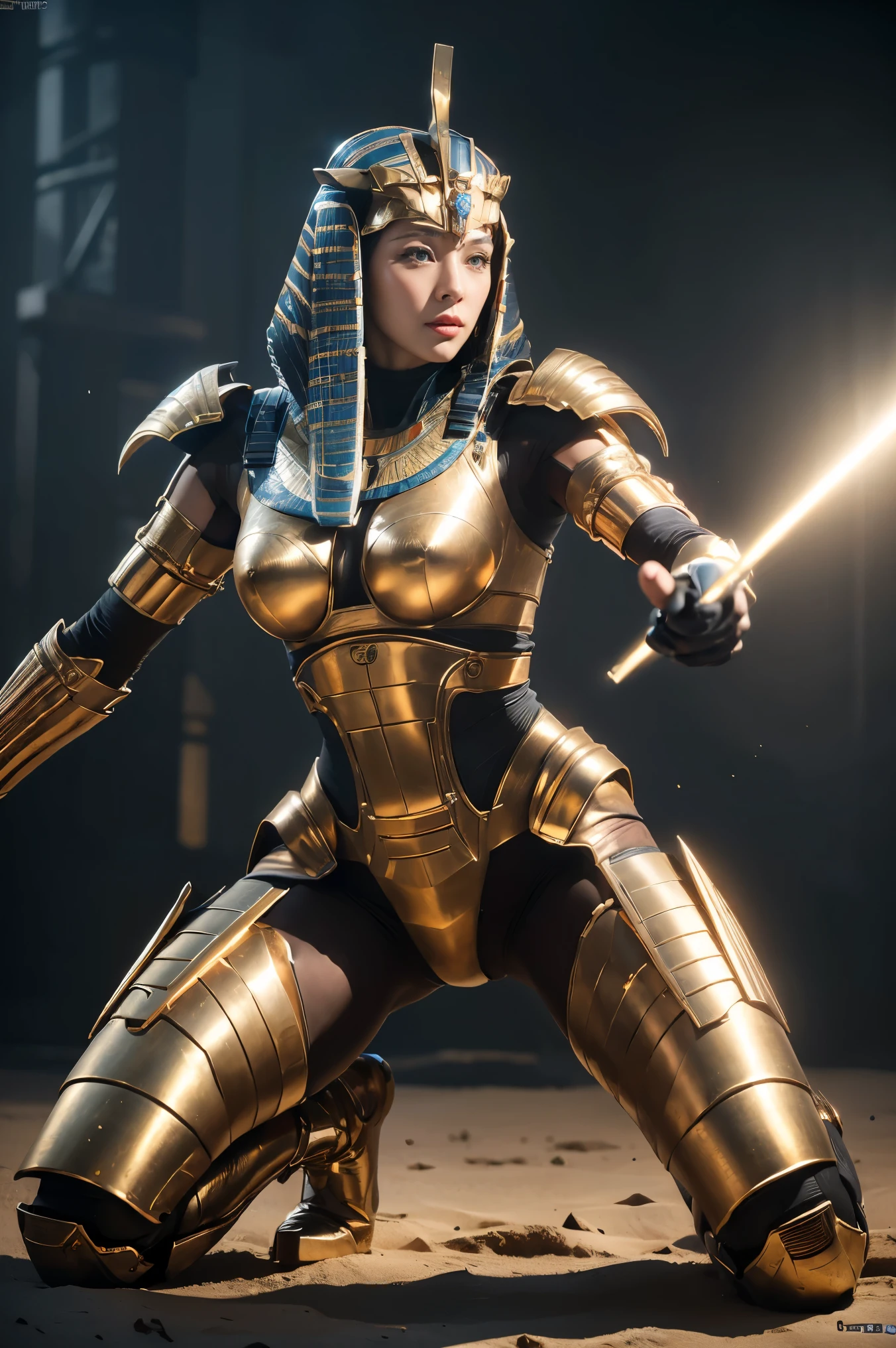 ((Highest quality、8K、masterpiece:1.3))、Realistic, Sharp focus, High resolution, High resolution, Portraiture, One person, woman, beautiful woman, (((Action pose)))、Ancient Egypt、Cyber Battlesuit、Complex technology, pyramid、Ancient Egypt都市、Light and shadow、Laser light、Copper-colored hair