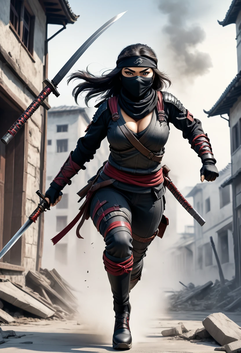 beautiful ninja woman, with weapons, runs on a building, war, style dessin